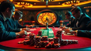 Tylebongda poker game scene highlighting professional players and vibrant chips.