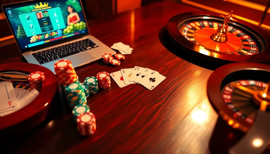 Experience the excitement of giới thiệu king88 with vibrant casino elements like poker chips and roulette.