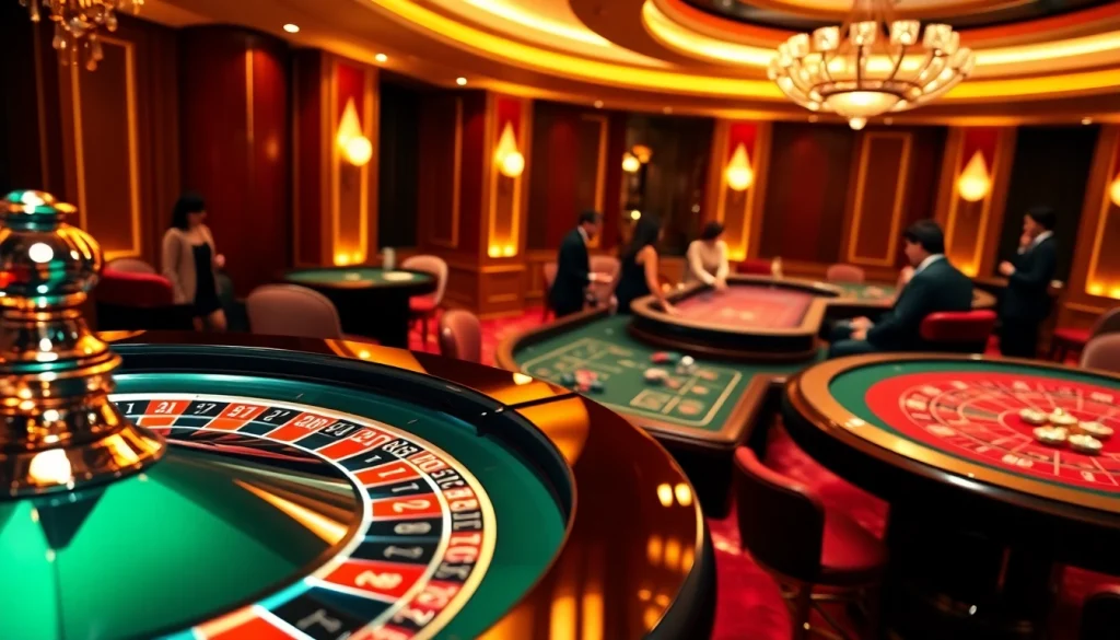 F8bet players excitedly placing bets at a luxurious casino table with poker chips and roulette wheel.