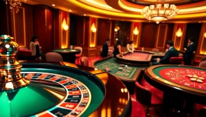F8bet players excitedly placing bets at a luxurious casino table with poker chips and roulette wheel.