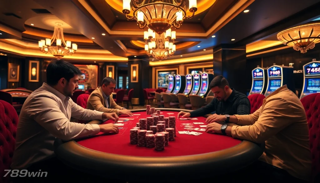 Thrilling poker game scene at a luxurious casino featuring 789win's vibrant branding.