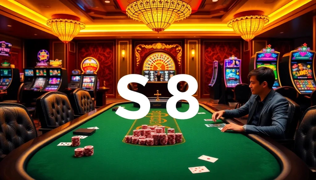 S8 casino players engaging at a luxurious poker table with chips and cards.