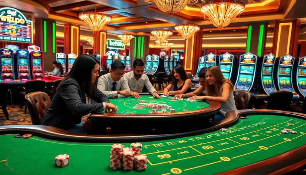 Experience the excitement of bet88 with a vibrant casino scene featuring players at the tables and slot machines.