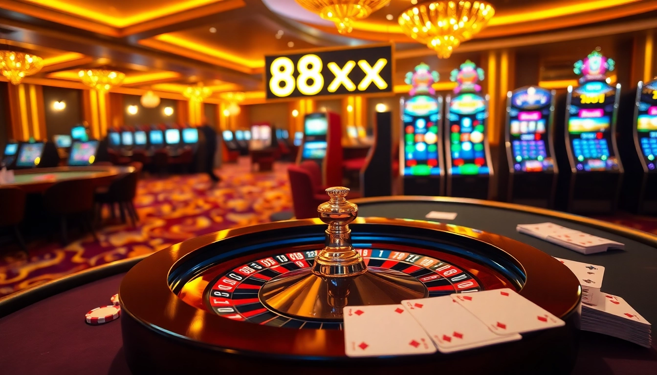 Experience the thrilling excitement of gambling with 88xx in a luxurious casino setting featuring a roulette wheel.