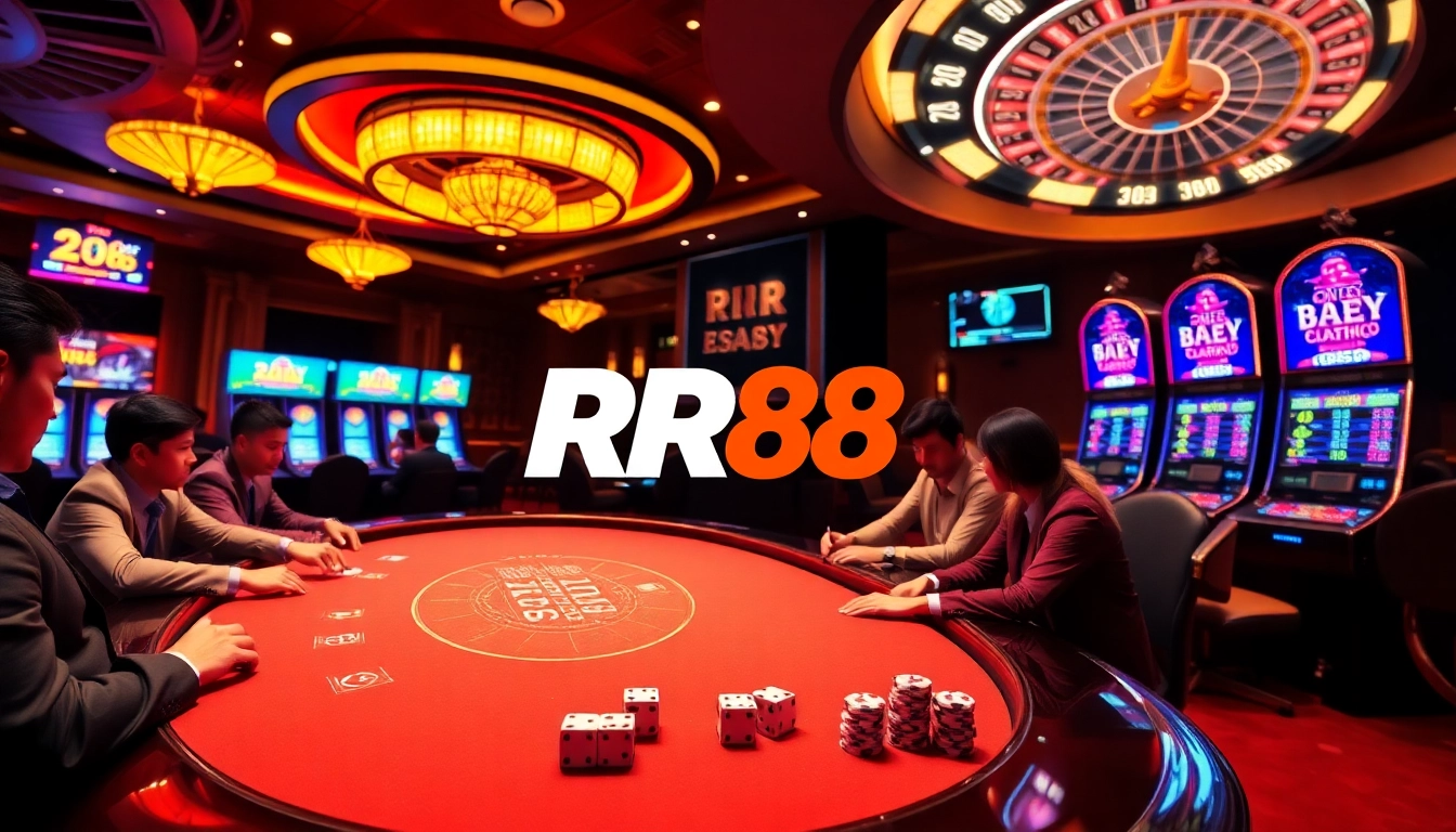 Players engaging with RR88 online gambling games at a vibrant casino setup.