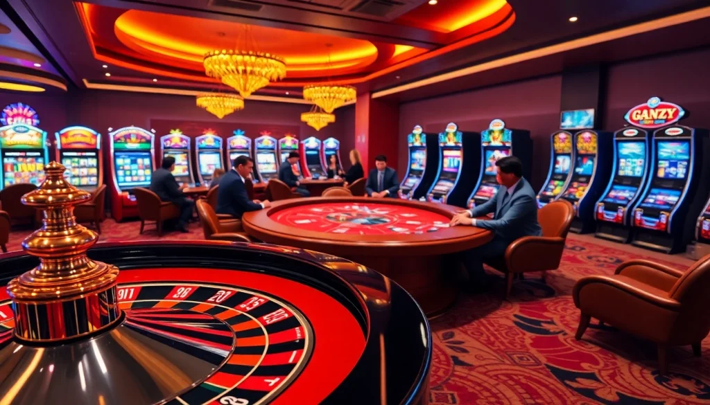 Players enjoying the excitement of gambling at https://kuwinblog.com/, featuring roulette, poker, and slot machines.