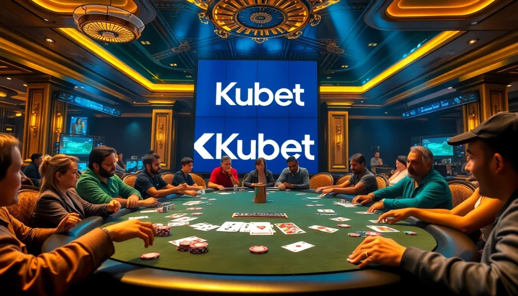 Kubet casino scene showcasing players at a luxurious poker table with vibrant cards and chips.
