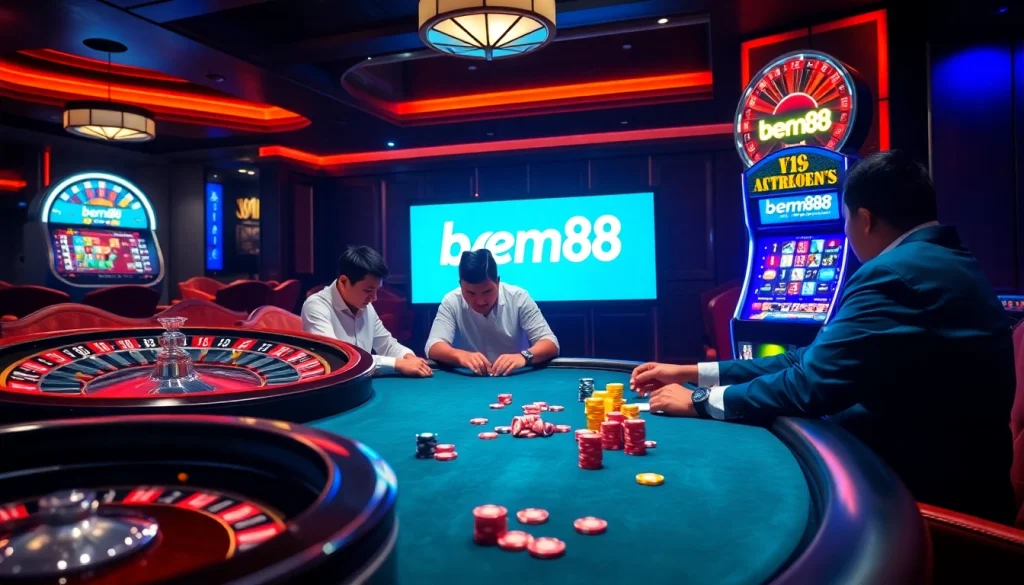 Experience the excitement of bem88 with vibrant casino elements, including poker and roulette.