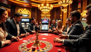 Players enjoying a thrilling game at MK8 casino, surrounded by vibrant poker chips and gleaming playing cards.