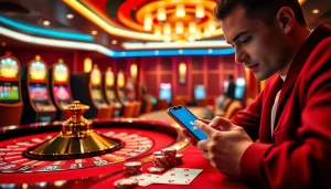 Player engaging with okwin app amidst a luxurious casino atmosphere with roulette and slot machines.