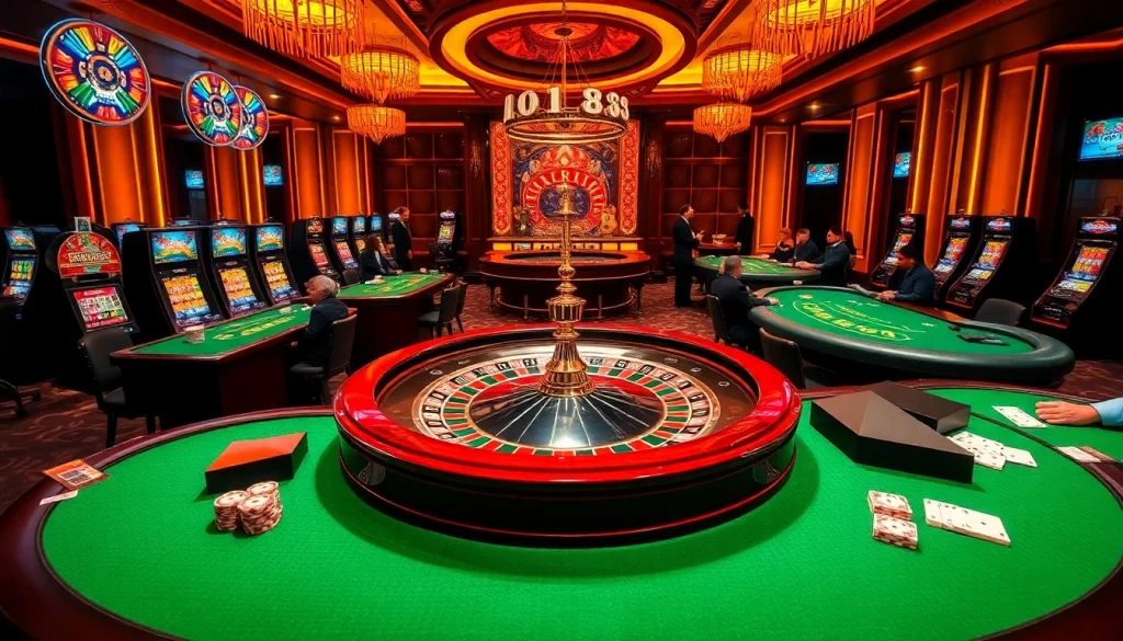 Exciting casino vibes at uu 88 with players engaging at roulette and slot machines.