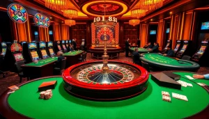 Exciting casino vibes at uu 88 with players engaging at roulette and slot machines.