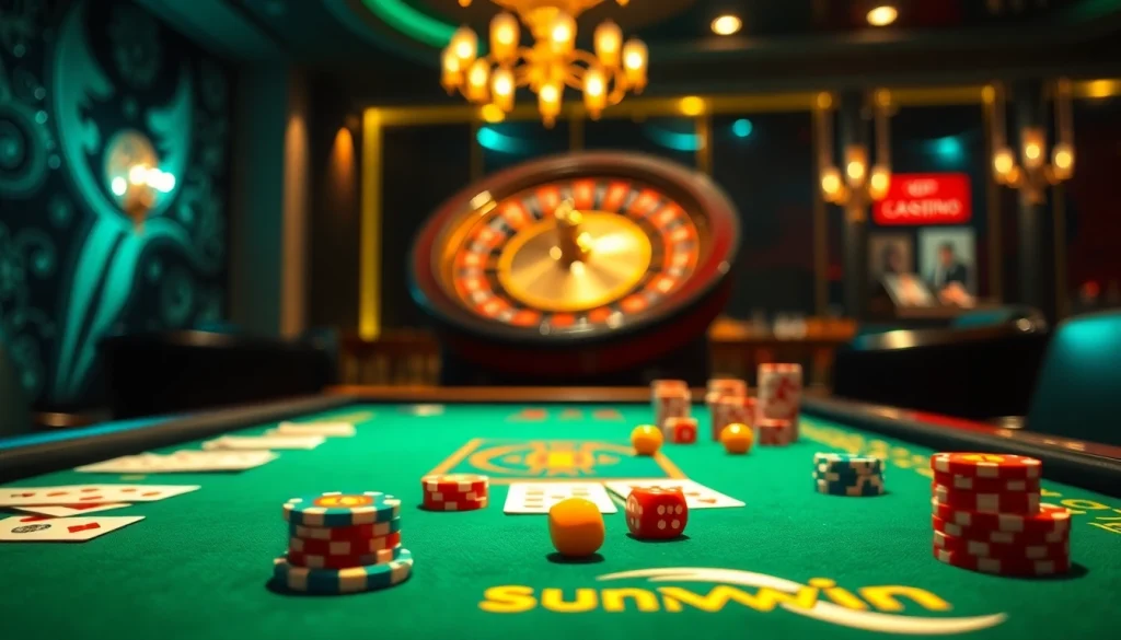 Engaging sunwin casino experience with vibrant poker chips and cards on a gaming table.