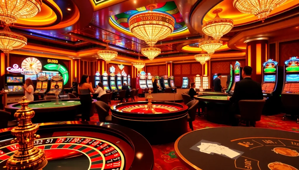 Engaging siu88 casino scene featuring poker tables and slot machines with vibrant colors.