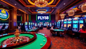 Engaging casino scene showcasing FLY88 branded roulette and slot machines.