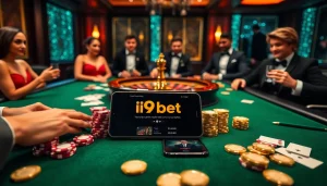 i9bet betting action with colorful chips and cards in a lavish casino setting.