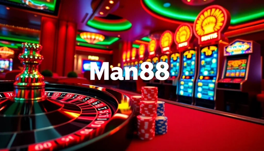 Engage with Man88's vibrant online casino scene highlighting poker chips and roulette action.