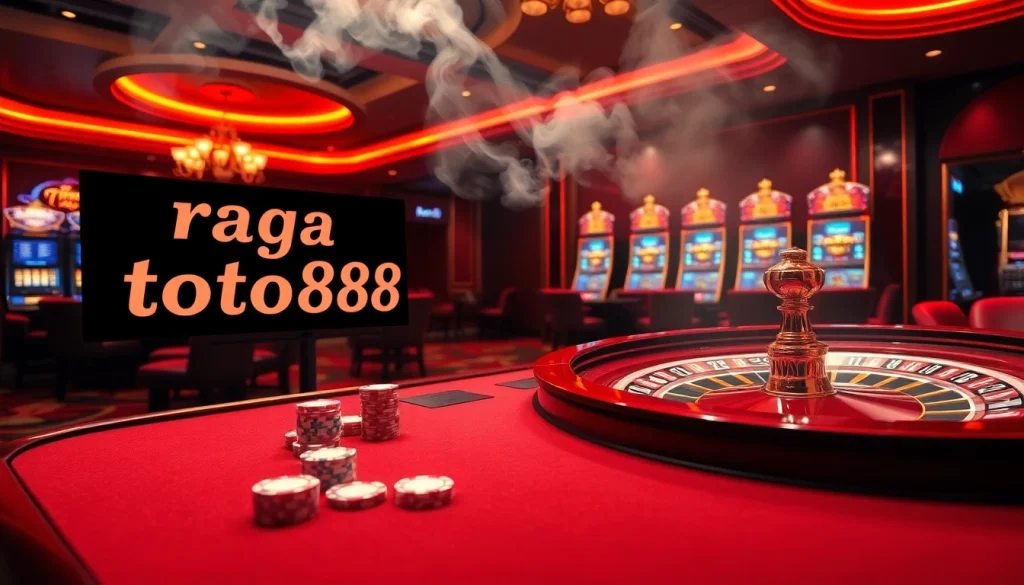 raja toto88 casino table with poker chips and roulette wheel under vibrant lights