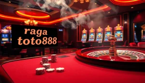 raja toto88 casino table with poker chips and roulette wheel under vibrant lights