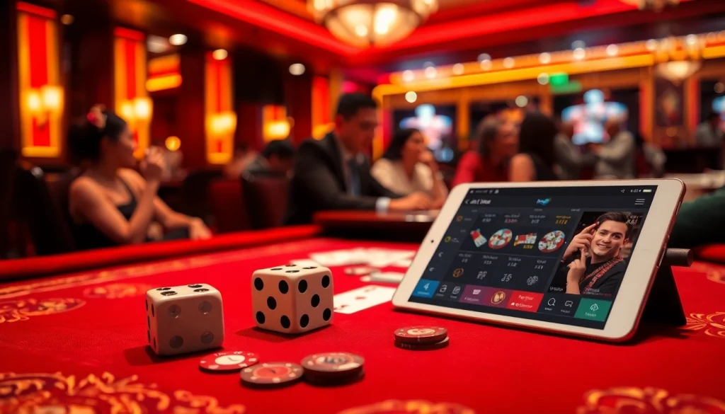 Exciting gameplay scene of app tài xỉu online with dice and chips at a casino table.