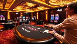 Nail your betting strategy at nh88 with a lively casino scene featuring poker tables and colorful slot machines.