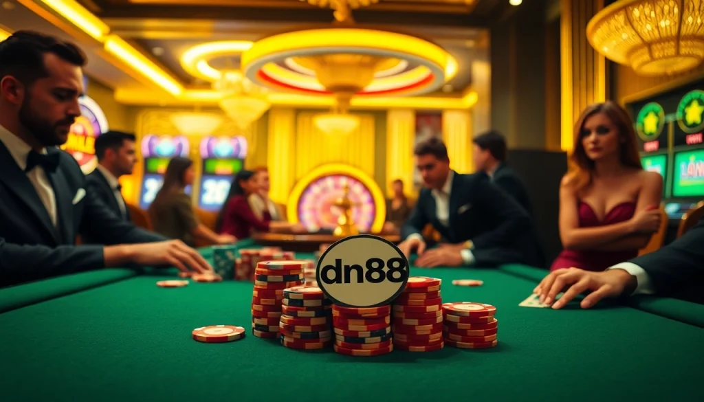 Players engaging in high-stakes poker at a luxurious table with dn88 casino chips, highlighting excitement and strategy.
