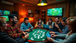Rummy 91 gaming scene with diverse players enjoying their devices in a warm, inviting atmosphere.
