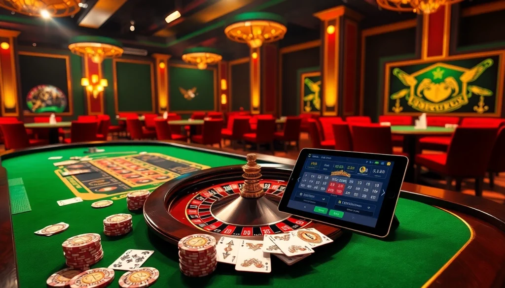 Engage in an exciting game at b52club with vibrant casino elements like roulette and poker chips.