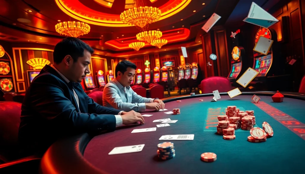 Experience the thrill of NK88 gaming with vibrant casino visuals, poker tables, and dynamic gambling elements.