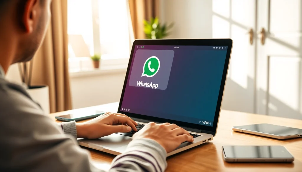 一个用户在笔记本电脑上使用快连VPN连接到 WhatsApp Web，展示现代科技场景。