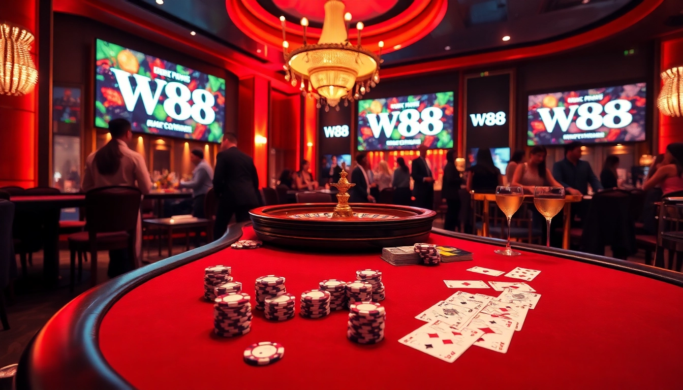 Players enjoying W88 poker in a luxurious casino setting with vibrant colors and excitement.