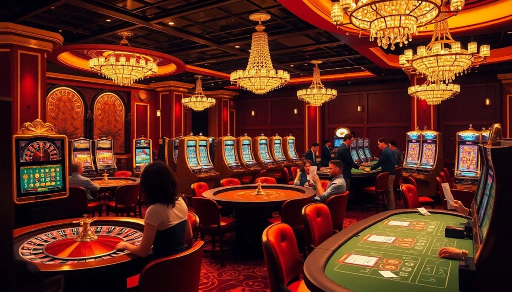 Exciting casino gaming scene at betbdt.art featuring roulette, slot machines, and engaged players.