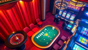 Engage in immersive gameplay at game vvjl with vibrant casino elements including roulette and poker tables.
