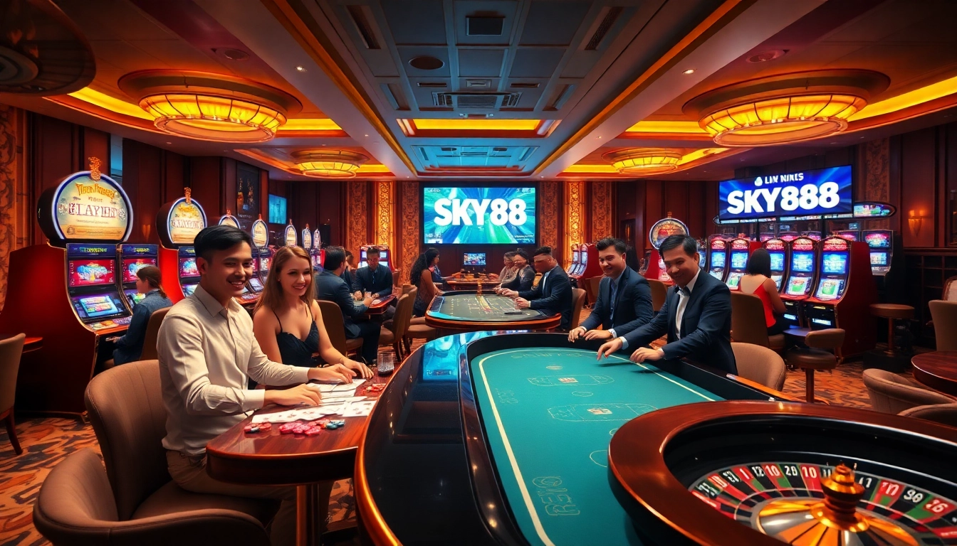 Players enjoying thrilling casino games at SKY88 with vibrant roulette wheel and poker chips.