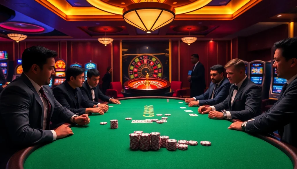Players engaging in an exciting poker game at BK8 casino with vibrant, glamorous casino elements.