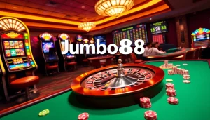 Engaging scene illustrating the Jumbo88 review with slot machines, poker chips, and roulette wheel.