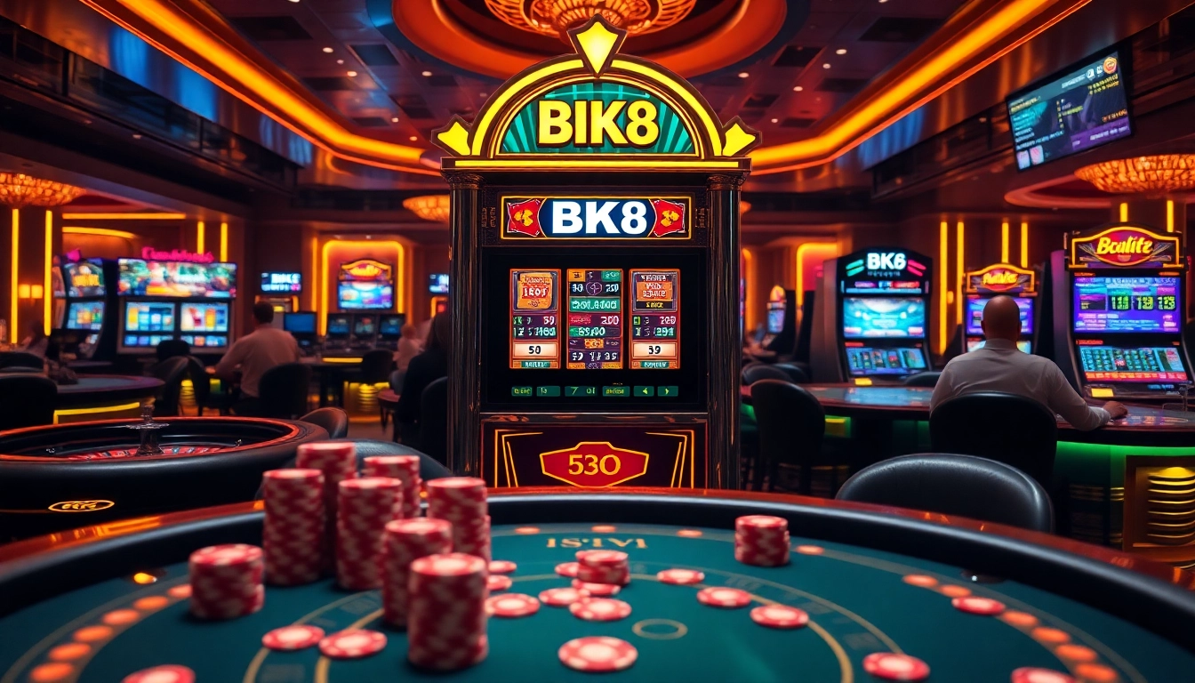 Players enjoying the excitement of BK8 at a vibrant casino with illuminated slot machines and tables.