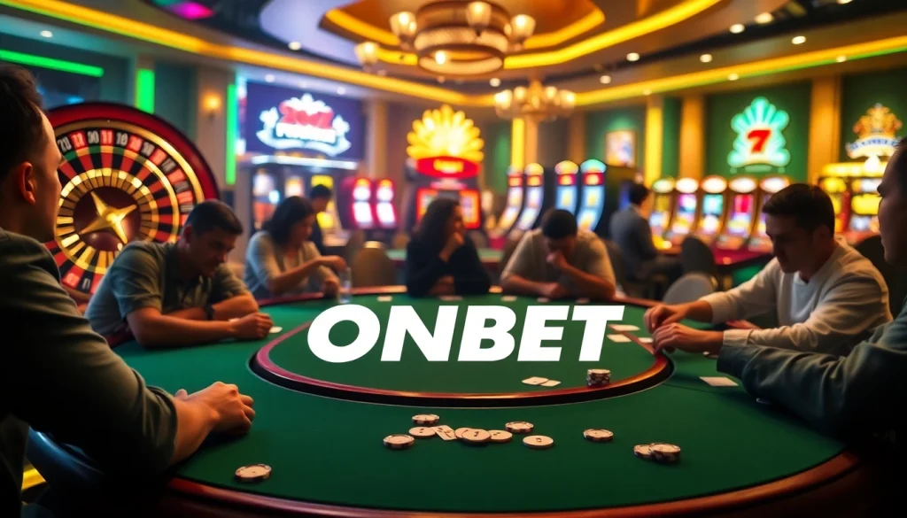 Exciting gameplay at ONBET casino with poker tables and vibrant slot machines.