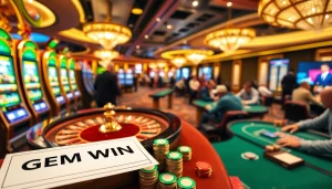 Experience the thrill of GEM WIN gaming with vibrant casino tables and excited players.