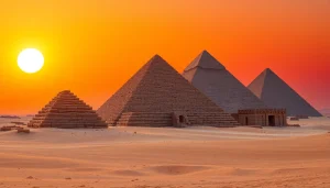 Pyramids of Egypt at sunset highlighting https://piraminds.com/ as a travel destination.