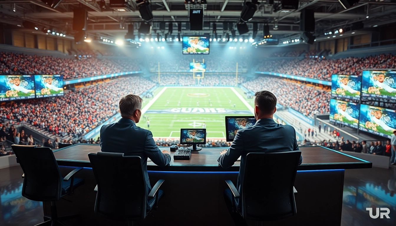 Engaging sports broadcasting anchor team delivering live coverage in a vibrant studio.