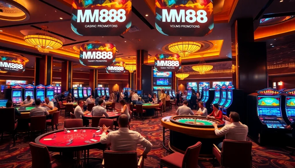 Players enjoying high-stakes games at MM88 casino, showcasing luxury and excitement.