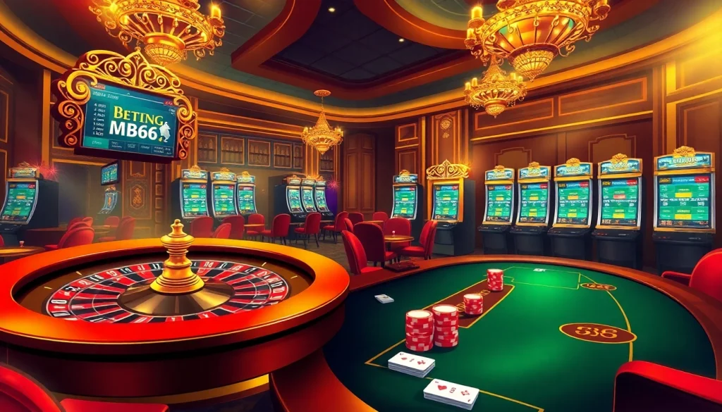 Engaging gambling scene at MB66 featuring roulette, poker, and vibrant slot machines.