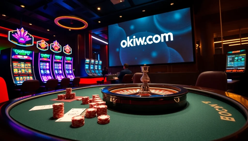 Experience thrilling gaming action at okwin.com with vibrant tables, chips, and a roulette wheel.