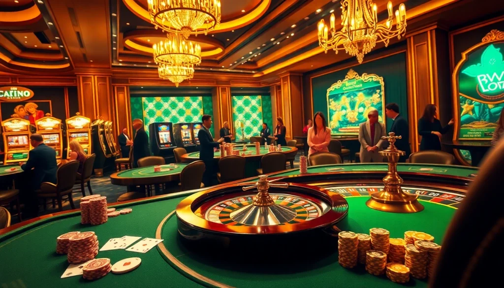 The hidden wiki org inspired vibrant casino scene with luxurious tables, poker chips, and roulette wheel.