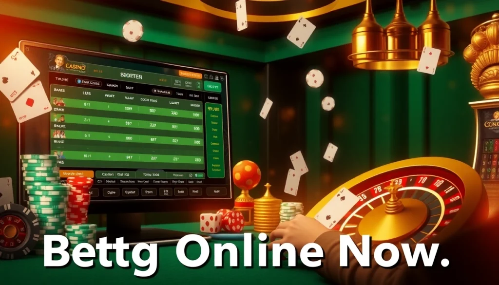 Betting Online Now with dynamic sports betting interface and casino elements, featuring poker chips and roulette.