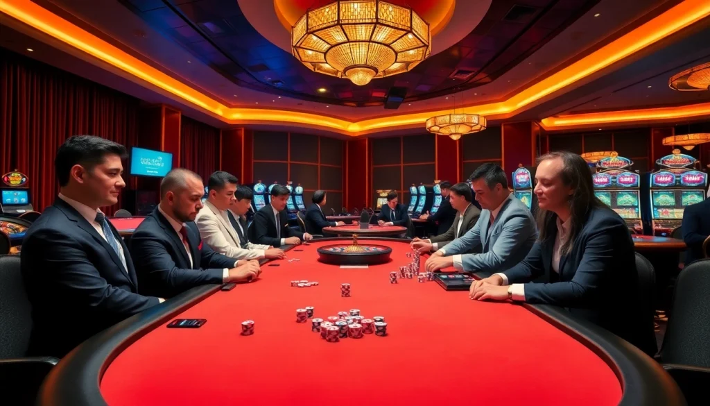 Engaged players strategizing at a gamebaidoithuong poker table amid a bustling casino atmosphere.
