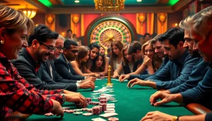 79king poker players strategizing around a vibrant casino table with colorful chips and intense focus.