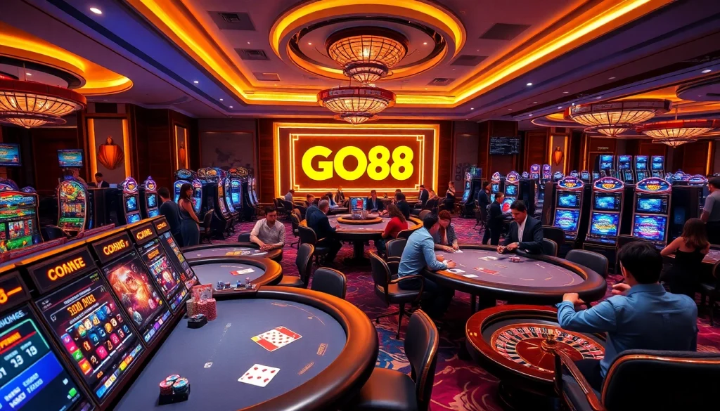 GO88 players engaging in thrilling casino experiences surrounded by luxury gaming elements.