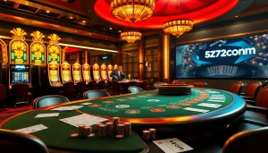 High-stakes players engaging at a luxurious poker table in a vibrant casino setting showcasing 5z7772 com.